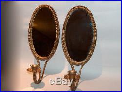 8306 Vintage SET 2 Italian Tole Rope Wall Sconce Mirrors Candle Holder Gold Gilt
