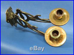 A243 TWO PAIR of ANTIQUE BRONZE ARTS & CRAFT CANDLE HOLDERS / PIANO WALL SCONCES