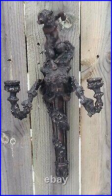 AMAZING Antique Aged SOLID Brass 2 Armed Wall Sconce, Faun, Greek, SUPER HEAVY