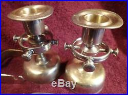 AMAZING PAIR 1800-s ANTIQUE WALL MOUNT SHIP SWIVEL BRASS CANDLE HOLDERS MARITIME