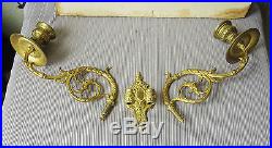ANTIQUE 19`c FRENCH Brass Wall Candlesticks Holders Gold plated marked L`PINET