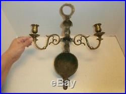 ANTIQUE 19th CENTURY WALL SCONE 3 ARM CANDLE HOLDER SOLID CAST BRASS GEORGIAN