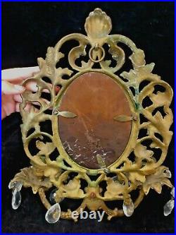 ANTIQUE BRASS WALL MIRROR With2 CANDLE HOLDERS AND MANY CRYSTALS