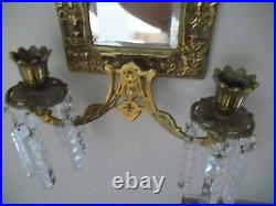 ANTIQUE MIRROR & BRASS, Prisms CANDLE HOLDER Wall Sconce DOLPHINS 21 x 9 1/2