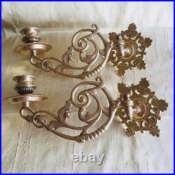 ANTIQUE Pair Brass Scroll Candlesticks Candle Holders Wall Sconces Victorian