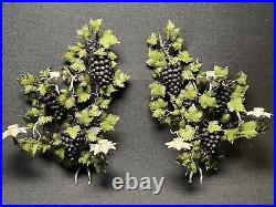 ANTIQUE Pair ITALIAN METAL TOLE GRAPES LEAVES SCONCE WALL CANDLE HOLDER Brass