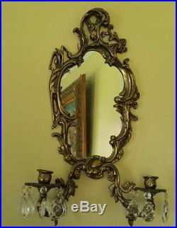 ANTIQUE VICTORIAN BRONZE ORNATE WALL MIRROR SCONCE CANDLE HOLDERS WithPRISMS 23