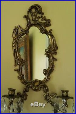 ANTIQUE VICTORIAN BRONZE ORNATE WALL MIRROR SCONCE CANDLE HOLDERS WithPRISMS 23
