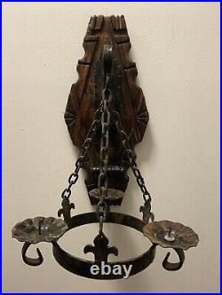 ANTIQUE Wood Candle Holder Medieval Wall Hanging Gothic Iron Metal Sconce Rare