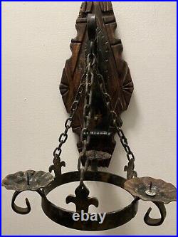 ANTIQUE Wood Candle Holder Medieval Wall Hanging Gothic Iron Metal Sconce Rare