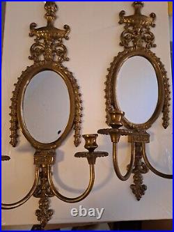 ATQ Mirror Brass Wall Hanging Candle Sconces Pair