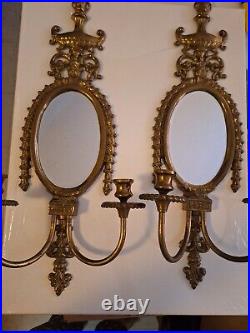 ATQ Mirror Brass Wall Hanging Candle Sconces Pair