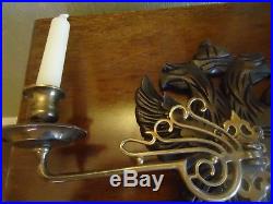 A pair of decorative candle holders, dark wood & brass, wall sconce