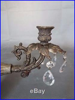 A pair of gold metal crystals wall candle holder sconces classic vintage