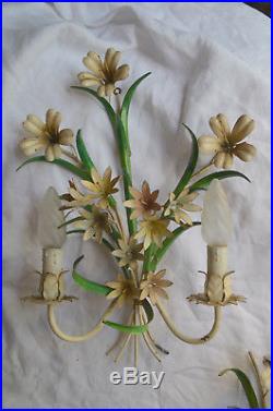 A pair of vintage French 2 armed hand painted tole ware enamelware wall sconces