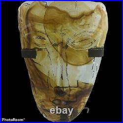 Amber Gold Brown Art Glass Tribal Native Face Mask Wall Candle Holder Stand