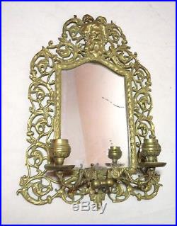 Antique 1800's ornate Bacchus gilt bronze brass wall mirror candle holder sconce