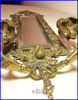 Antique 1800s ornate gilt bronze brass wall mirror candle holder sconce fixture