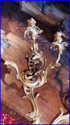 Antique 19th C Large Ormolu Wall Lights With 3 Branch Candle Holders