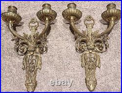 Antique 19th C. Victorian Nouveau Heavy Gilt Brass Candle Holder Wall Sconces