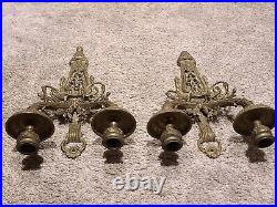 Antique 19th C. Victorian Nouveau Heavy Gilt Brass Candle Holder Wall Sconces