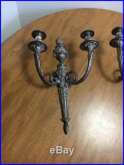 Antique 19th Century Pair Wall Sconces Silver Plate 2 Arm Candle Holders Signed