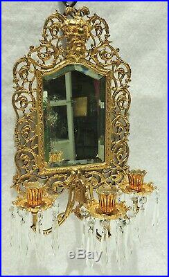 Antique Bradley Hubbard Brass Crystal Prism Figural Candle Mirror Wall Sconce