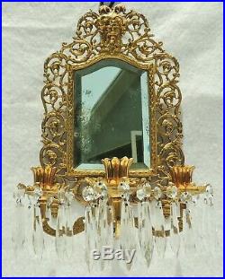 Antique Bradley Hubbard Brass Crystal Prism Figural Candle Mirror Wall Sconce