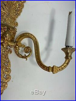 Antique Brass Bronze Ornate Wall Sconce Candle Holder Heavy Lion Face Electric