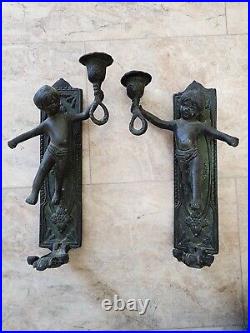 Antique Brass Curtain Ties Handles Pair Candle Wall Sconces Cupid Angel