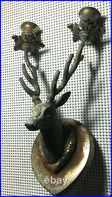Antique Brass Deer Buck Antlers Head Mounted Candle Holder wall hanging Cabin