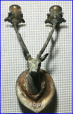 Antique Brass Deer Buck Antlers Head Mounted Candle Holder wall hanging Cabin