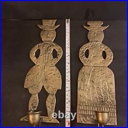 Antique Brass Folk Art Colonial Man & Woman Sconces Denmark