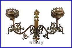 Antique Brass Gothic Revival Church 2 Candle Wall Sconge, Flemish