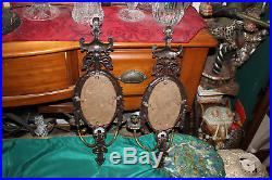 Antique Brass Metal 2 Arm Wall Mounted Candle Holder Sconce WithCenter Mirror-#1