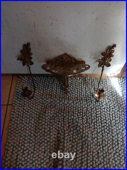Antique Brass Rose 2 Candle Holders And 1 Shelf