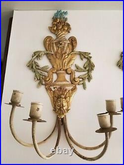 Antique Candle Wall Sconce Pair Painted Cast Metal Large Flower Basket Floral
