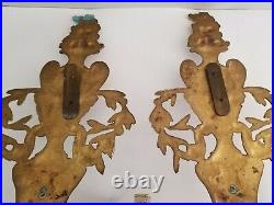 Antique Candle Wall Sconce Pair Painted Cast Metal Large Flower Basket Floral