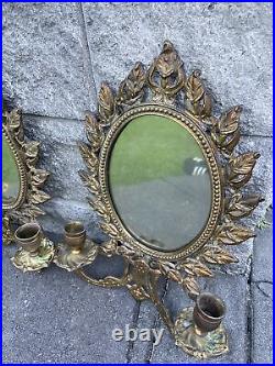 Antique Cast Brass Wall Hanging candle holder With Mirror 13.25H x W10