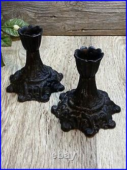 Antique Cast Iron Tapered Candle Holders, Pair Ornate Black Set 3.75 H 3.75 D