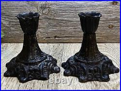 Antique Cast Iron Tapered Candle Holders, Pair Ornate Black Set 3.75 H 3.75 D