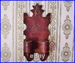 Antique Folk Art Wood Wall Sconce Candle Holders
