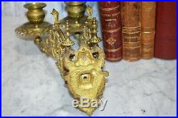 Antique French Bronze Ormolu Two Arm Piano Candle Holder Wall Sconce Figural