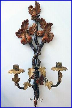 Antique French Carved Wood Pears and Leaves withBrass Accent Double Wall Sconce