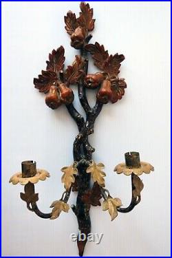 Antique French Carved Wood Pears and Leaves withBrass Accent Double Wall Sconce