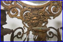 Antique French Cast Brass FIGURAL Mirrored Sconces Wall Candle HOLDER 25
