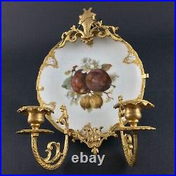 Antique French Gilt Brass Candelabra Candle Holder Wall Plaque Porcelain
