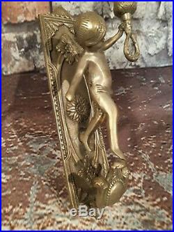 Antique French Old Ornate Silver Brass Bronze Cherub Wall Sconce Candle Holder
