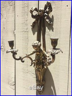 Antique French Rocco Style Cherub Brass Wall Sconce Candle Holder Ribbon 22