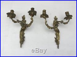 Antique French Rococo Style Gilt Bronze Pair Of Wall Sconces Candle Holders